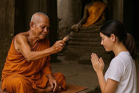 Ein Segen von Angkor Im Schatten jahrhundertealter Tempelbäume empfängt ein buddhistischer Mönch Besucher im archäologischen Park von Angkor. In stiller Atmosphäre führt er ein traditionelles Segensritual durch, begleitet vom Duft von Räucherwerk und dem Klang murmelnder Gebete. Das uralte Ritual gilt als spirituelle Reinigung – eine eindrucksvolle Erfahrung zwischen Mystik und Geschichte.