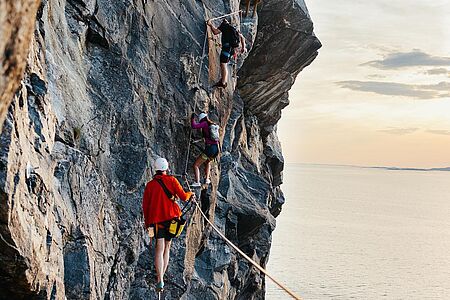 Via Ferrata Viking Wall Die Viking Wall bietet ein Kletterabenteuer mit direktem Weg zum Gipfel und atemberaubenden Ausblicken. Am Ende entscheiden Sie, ob Sie über das Drahtseil oder über eine Fußgängerbrücke entlang des Felsenrandes zum Gipfel klettern. Ideal für Klettersteigeinsteiger, begleitet von erfahrenen Guides, die für Sicherheit und unvergessliche Erlebnisse sorgen.