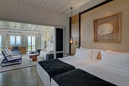 Deluxe Sea View Suite Diese Suitenverkörpern den schicken Lifestyle von Mykonos. Entspannen Sie sich im Wohnzimmer mit Meerblick, das komplett mit Sofa, Lounge Chair und Schreibtisch ausgestattet ist. Auf dem Balkon befinden sich ein Tisch, Stühle und Sonnenliegen. Hier können bis zu drei Personen in einem Doppelbett oder zwei Einzelbetten sowie einem Sofa oder einer Schlafcouch schlafen. Badezimmer mit Dusche und/oder Badewanne. Bis zu 50 m².