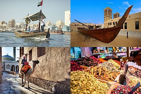 Zeitreise ins alte Dubai Ein deutschsprechender Guide begleitet Sie zur ältesten Festung der Stadt, zum Dubai Museum, durch das Viertel Bastakiya und ins Al Fahidi Viertel, einem Open Air Museum mit zahlreichen Galerien und Shops. Anschließend überqueren Sie den Dubai Creek mit einer Abra, dem traditionellen Wassertaxi und besuchen den Gold- und Gewürz-Souk. Dauer: 3 Std.