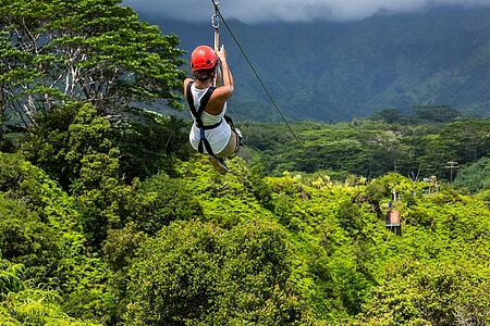 Spannung beim Ziplining und ein cooles Finale Sie lieben den besonderen Thrill? Dann wird Sie diese Zipline-Tour begeistern: jenseits der touristischen Pfade rutschen Sie über den Dschungel und erleben die pralle Natur auf Big Island aus einer speziellen Perspektive. Zur Abkühlung erfrischen Sie sich im kühlen Wasser eines privaten Wasserfalls, der die Berge herunterdonnert.