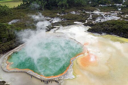 Tagesausflug nach Rotorua Himmelhohe Geysire und blubbernde Schlammlöcher - Rotorua ist ein geothermisches Wunderland und lädt zum Baden in heißen Quellen ein. Lernen Sie hier auch die Traditionen der gastfreundlichen Maori-Bevölkerung kennen, etwa bei einer Hangi-Mahlzeit aus dem dampfenden Erdofen oder einer Tour durch ein authentisches, voreuropäisches Maori-Dorf.