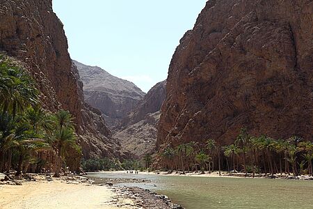 Baden in smaragdgrünen Naturpools Das Wadi Bani Khalid wird ganzjährig von Wasser gespeist und zu einer herrlichen Oase zwischen steilen Felswänden. Baden Sie in den zahlreichen Naturpools und erkunden Sie auch die kleine Muqal-Höhle, die sich dazwischen versteckt. Taschenlampe nicht vergessen, sonst tappen Sie im Dunkeln.