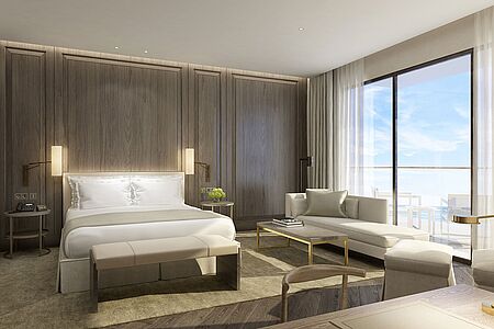 Deluxe Zimmer (ca. 49 qm) Die schicken Zimmer bestechen mit einem großartigen Blick auf die Marina oder auf die Stadt.