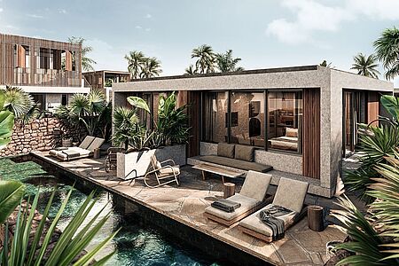 Tropical Family Grand Pavillon Private Pool (ca. 70 qm) Üppiger Platz auf 70 qm bietet diese Villenvariante, ebenfalls mit eigenem Garten und einem Privatpool. Die beiden großen Schlafzimmer sind durch Verbindungstüren getrennt. Vier Erwachsene und bis zu zwei Kinder finden hier tolle Möglichkeiten für einen unvergesslichen Urlaub.