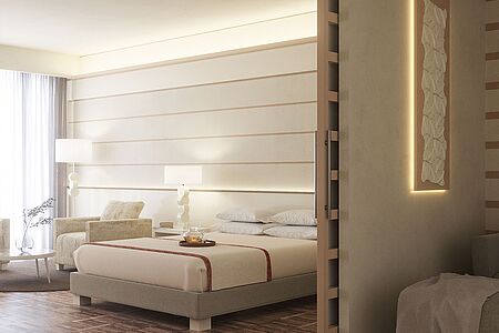 Exclusive Suite (ca. 83 qm) Die Exclusive Suite wird zu Ihrem eignen Ruherefugium. Ein getrenntes Schlaf- und Wohnzimmer, eine Terrasse oder ein Balkon mit Panoramablick über den Gardasee und ein begehbarer Kleiderschrank sowie der Jacuzzi im Badezimmer mit Seeblick runden das Erlebnis ab.