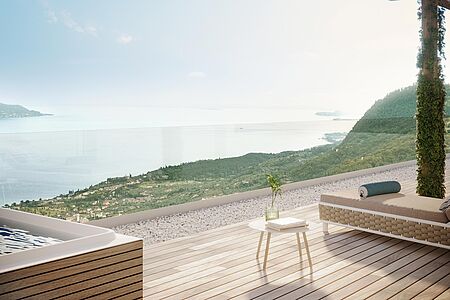 Sky Suite 134 qm Die Sky-Suite ist der ideale Rückzugsort für alle, die ein völliges Eintauchen in den Himmel, den See und die umliegende Natur sowie eine unvergleichliche Aussicht suchen. Hier vereinen sich Privatsphäre und tiefes Wohlbefinden samt Wohnzimmer, privater Sauna und ein Jacuzzi auf der Panoramaterrasse.