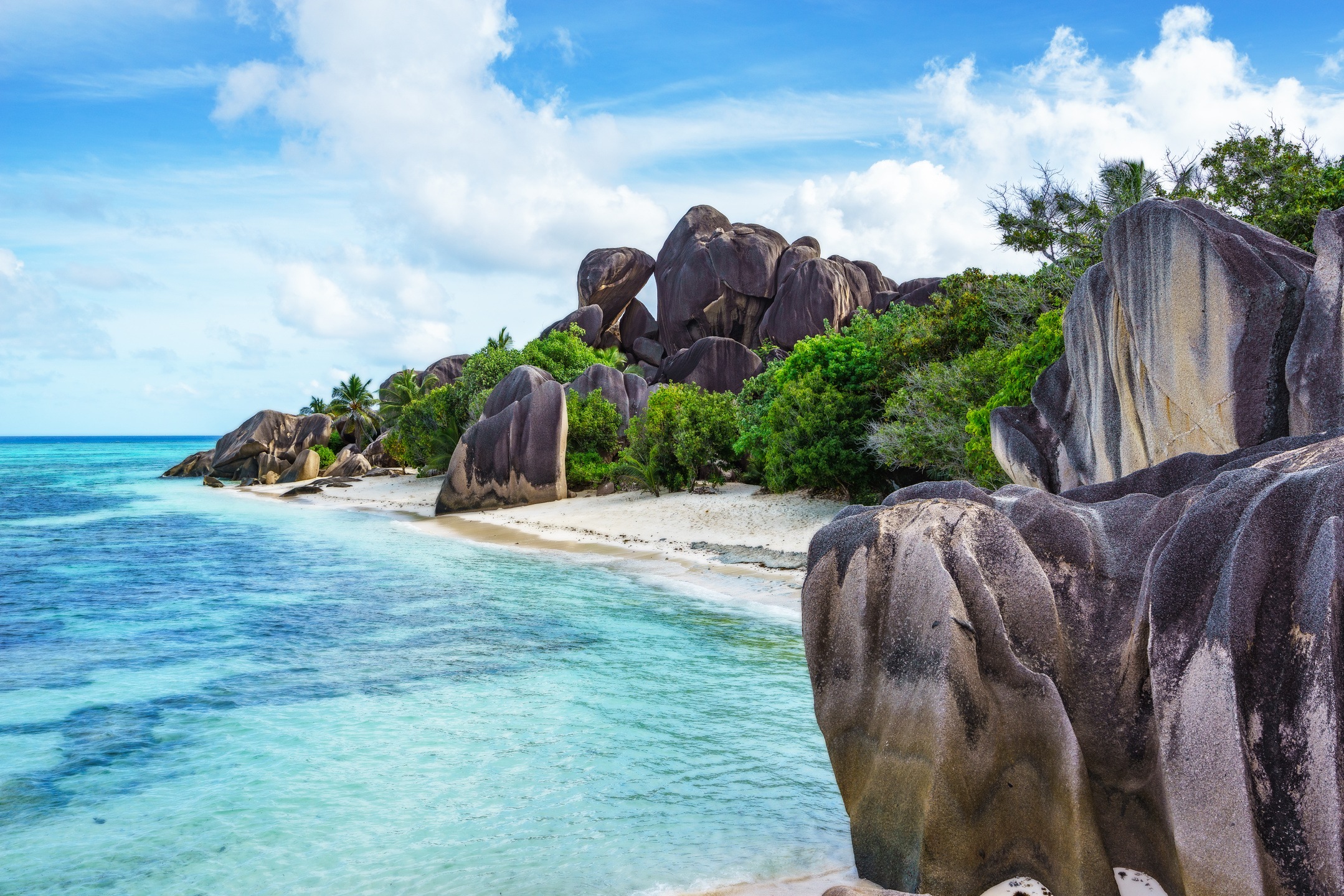 rocks,white sand,palms,turquoise water at tropical beach,la diqu